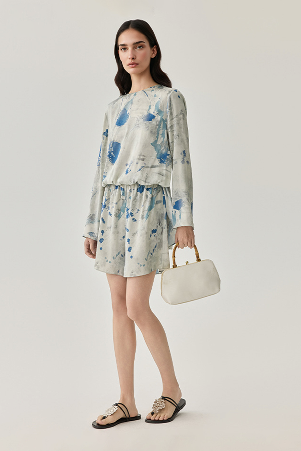Elastic Waist Printed Silk Shorts With Drawstring