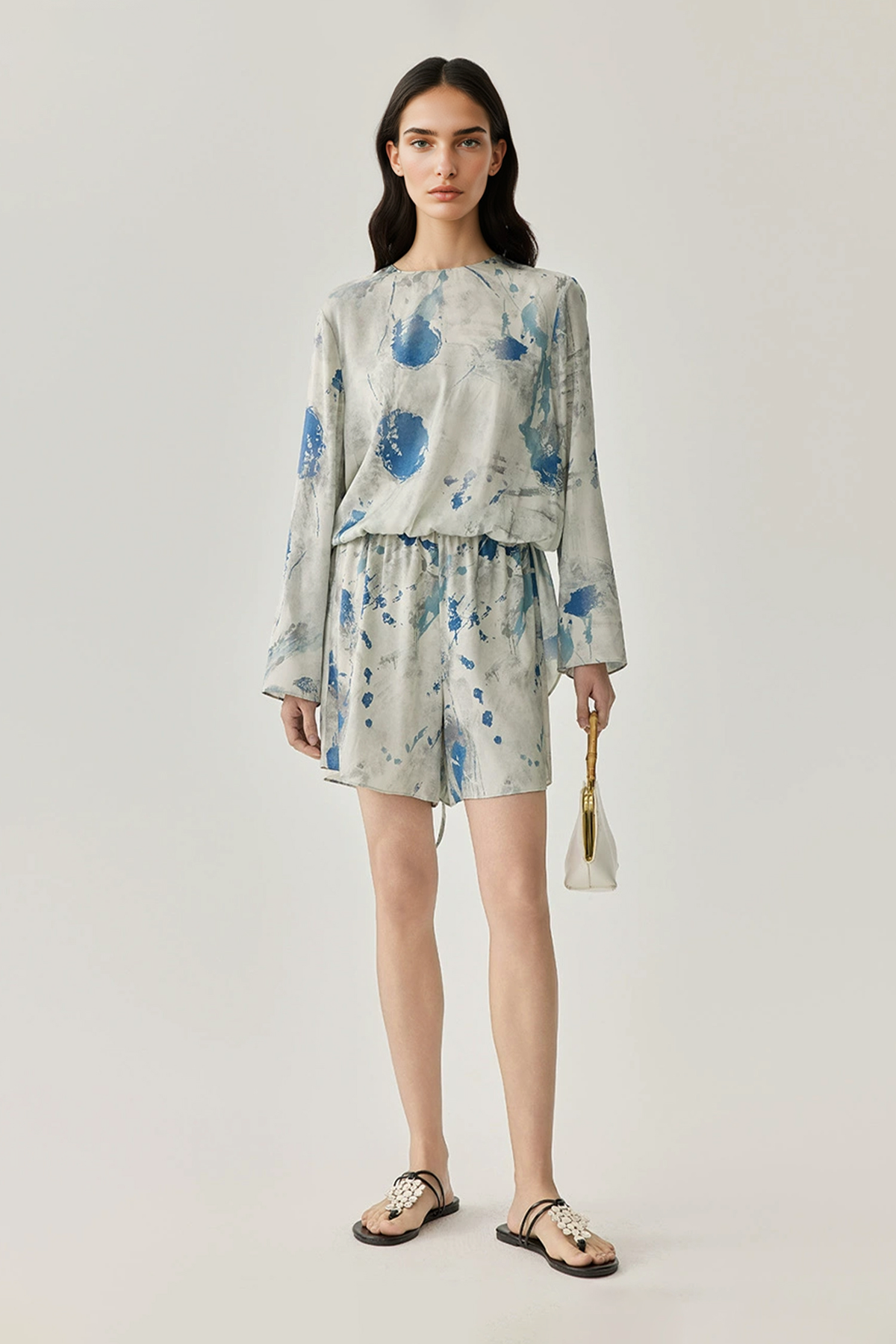 Elastic Waist Printed Silk Shorts With Drawstring
