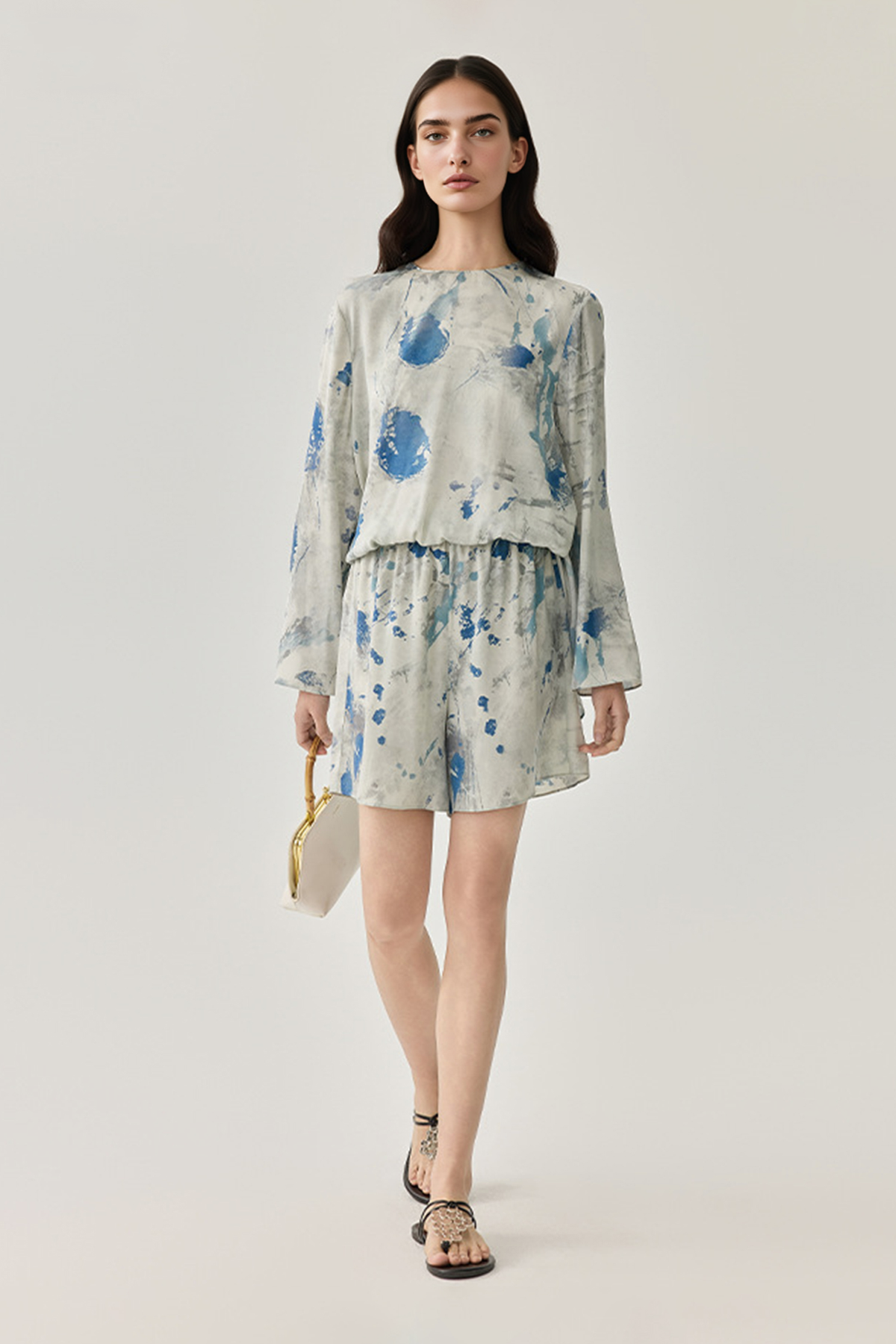 Elastic Waist Printed Silk Shorts With Drawstring