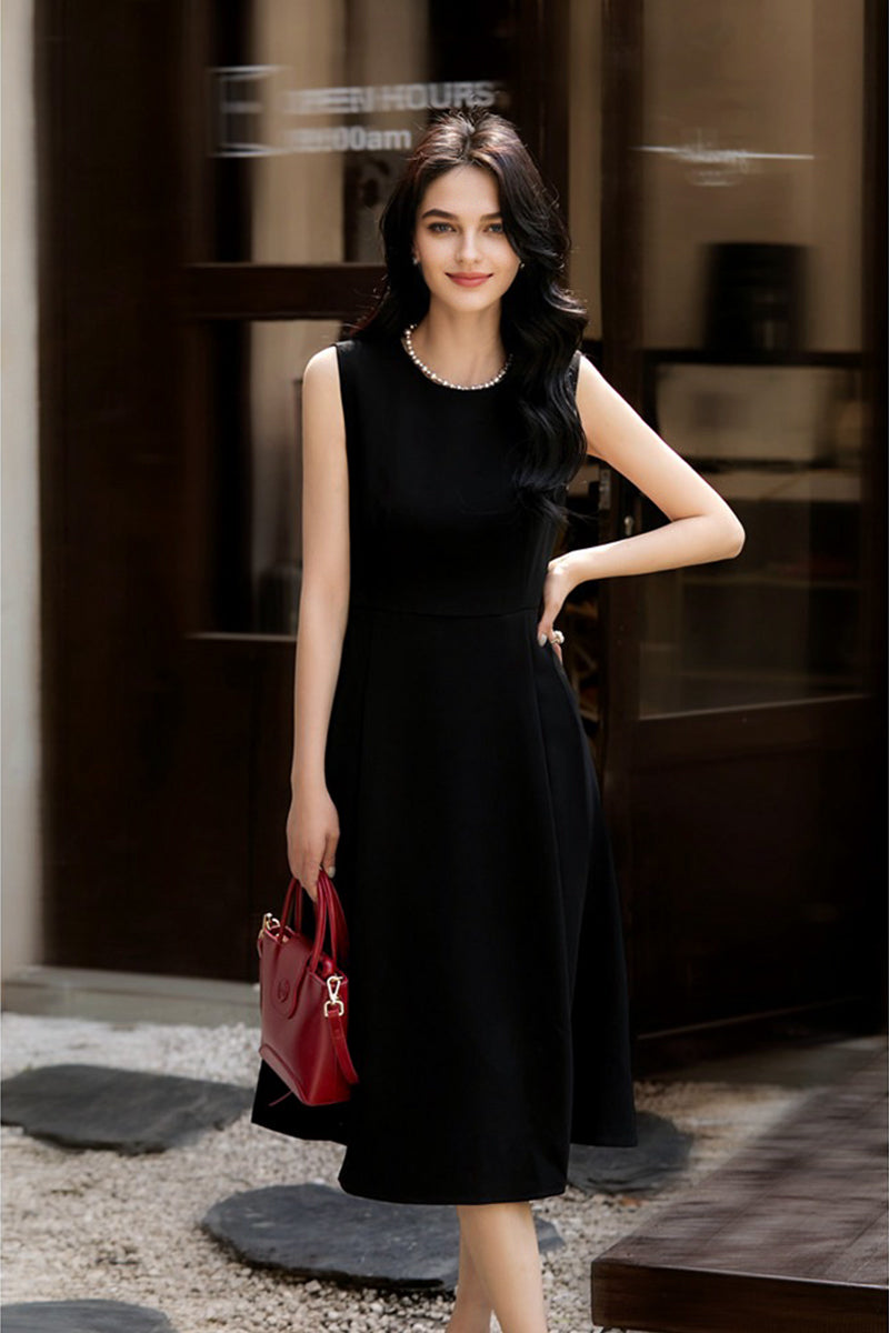 Elegant Acetate Sleeveless Fit & Flare Midi Dress