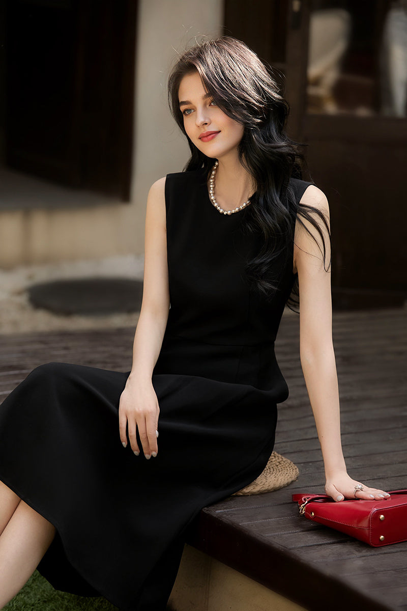 Elegant Acetate Sleeveless Fit & Flare Midi Dress