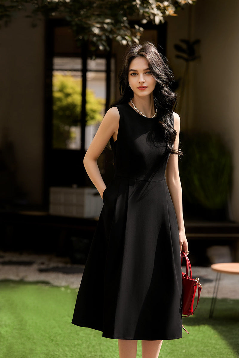 Elegant Acetate Sleeveless Fit & Flare Midi Dress