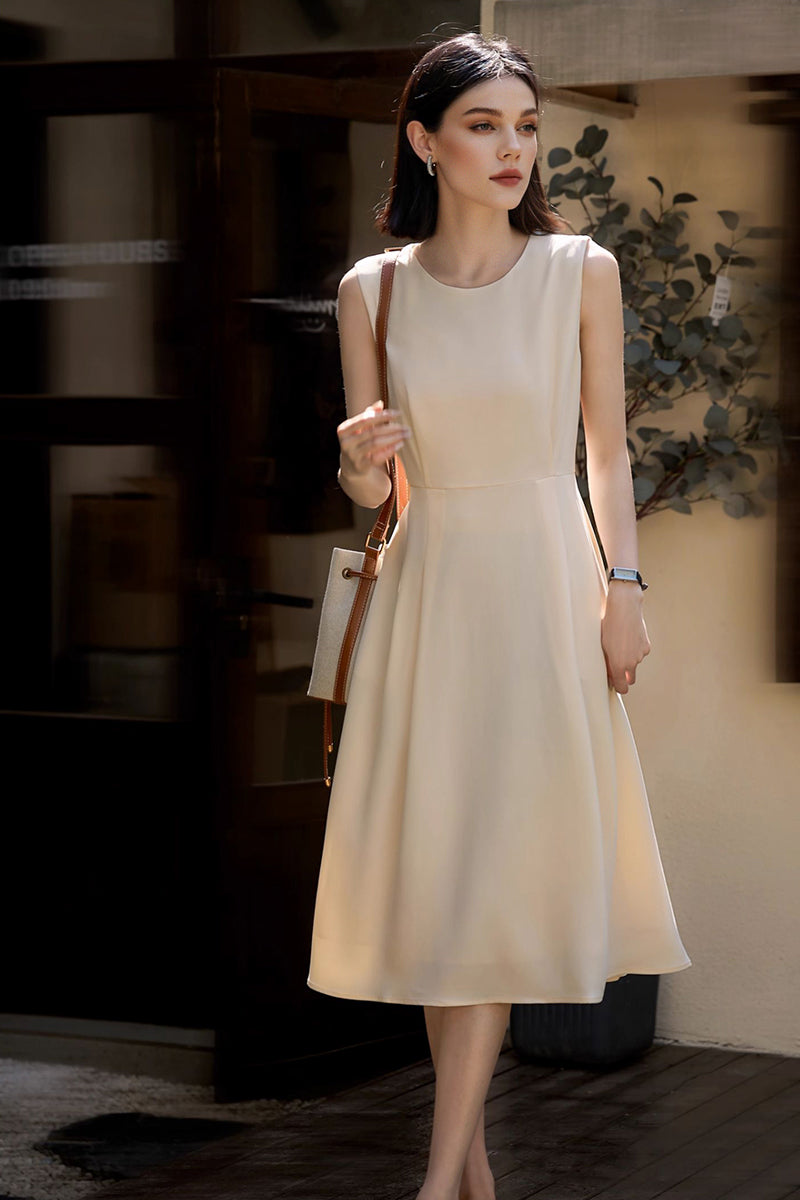 Elegant Acetate Sleeveless Fit & Flare Midi Dress