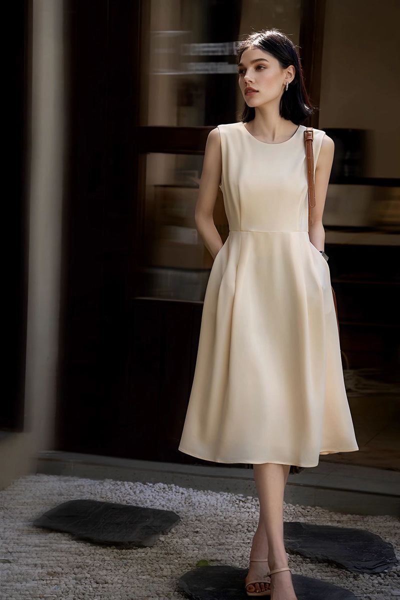 Elegant Acetate Sleeveless Fit & Flare Midi Dress