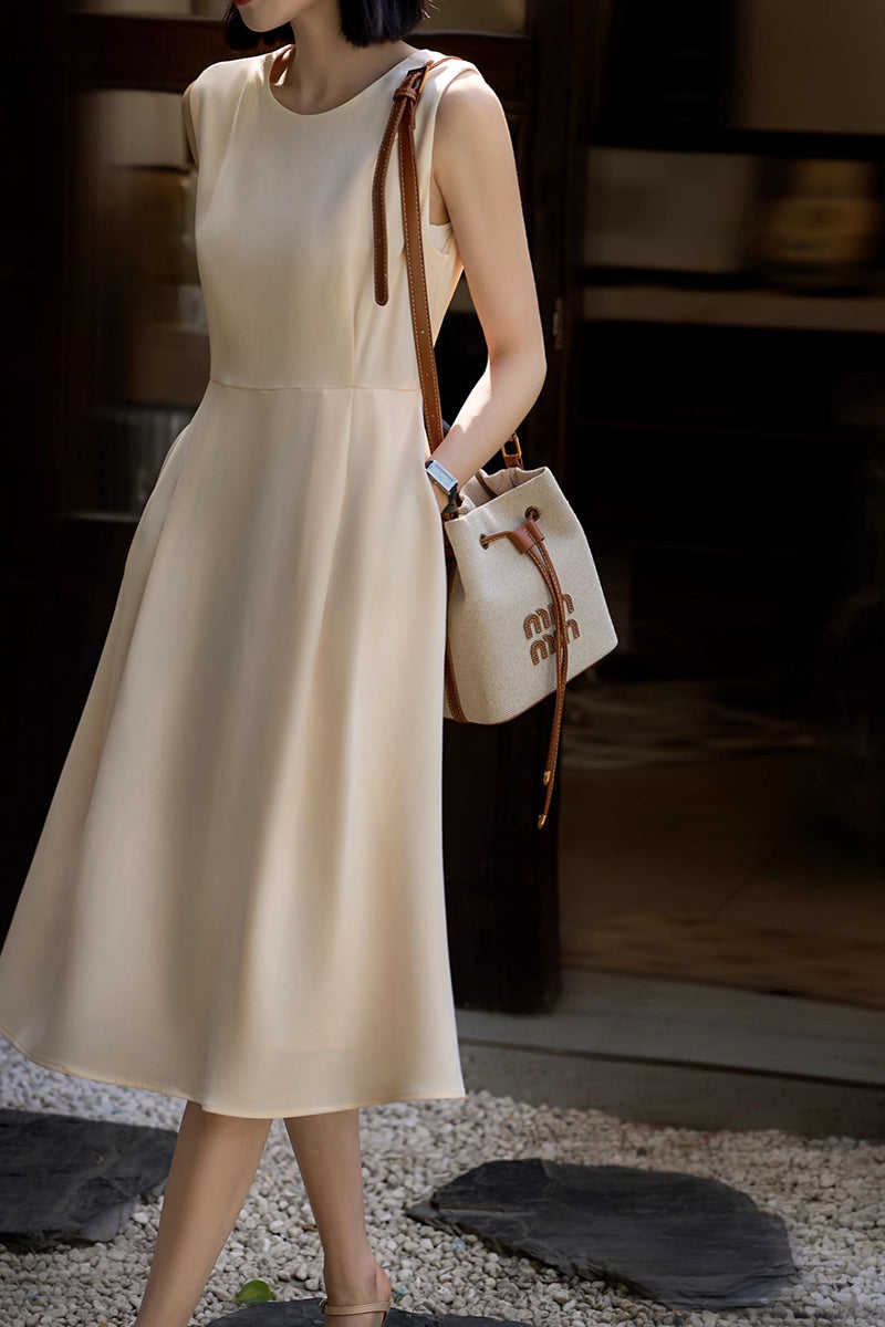 Elegant Acetate Sleeveless Fit & Flare Midi Dress