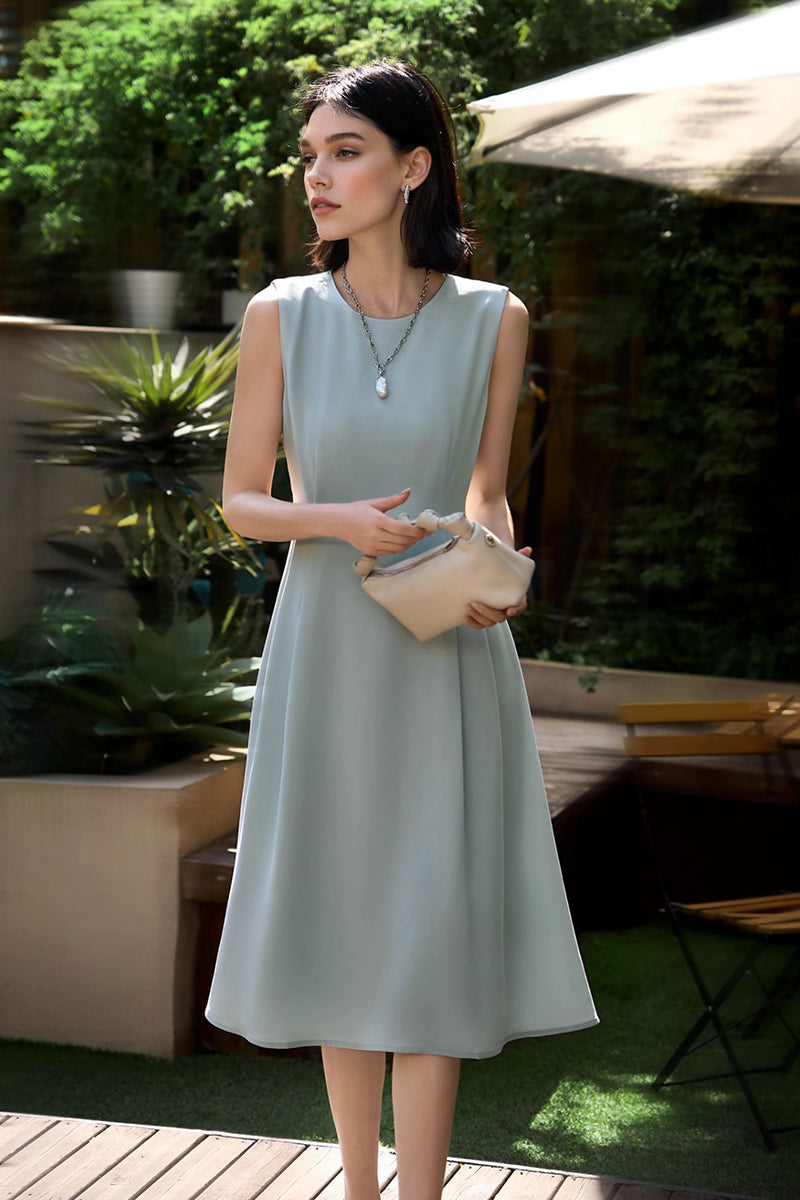 Elegant Acetate Sleeveless Fit & Flare Midi Dress