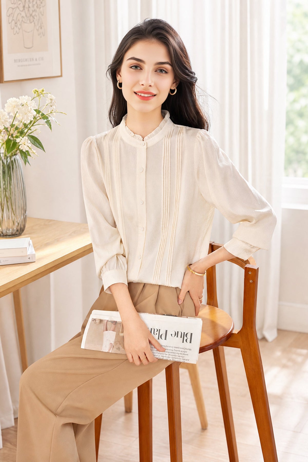 Elegant Lace Trim Pure Mulberry Silk Blouse