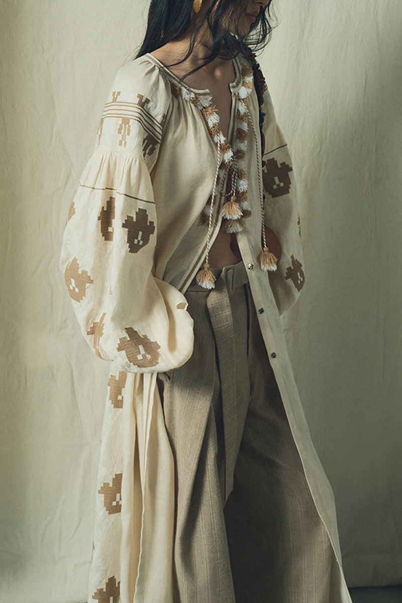 Embroidered Linen-Cotton Boho Maxi Cover Up
