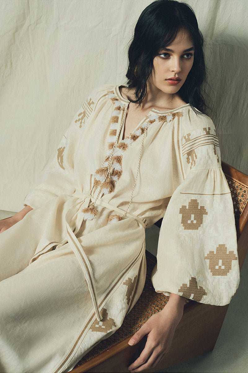 Embroidered Linen-Cotton Boho Maxi Cover Up