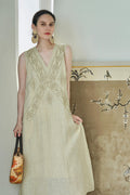 Embroidered Linen-Cotton Sleeveless Boho Maxi Dress