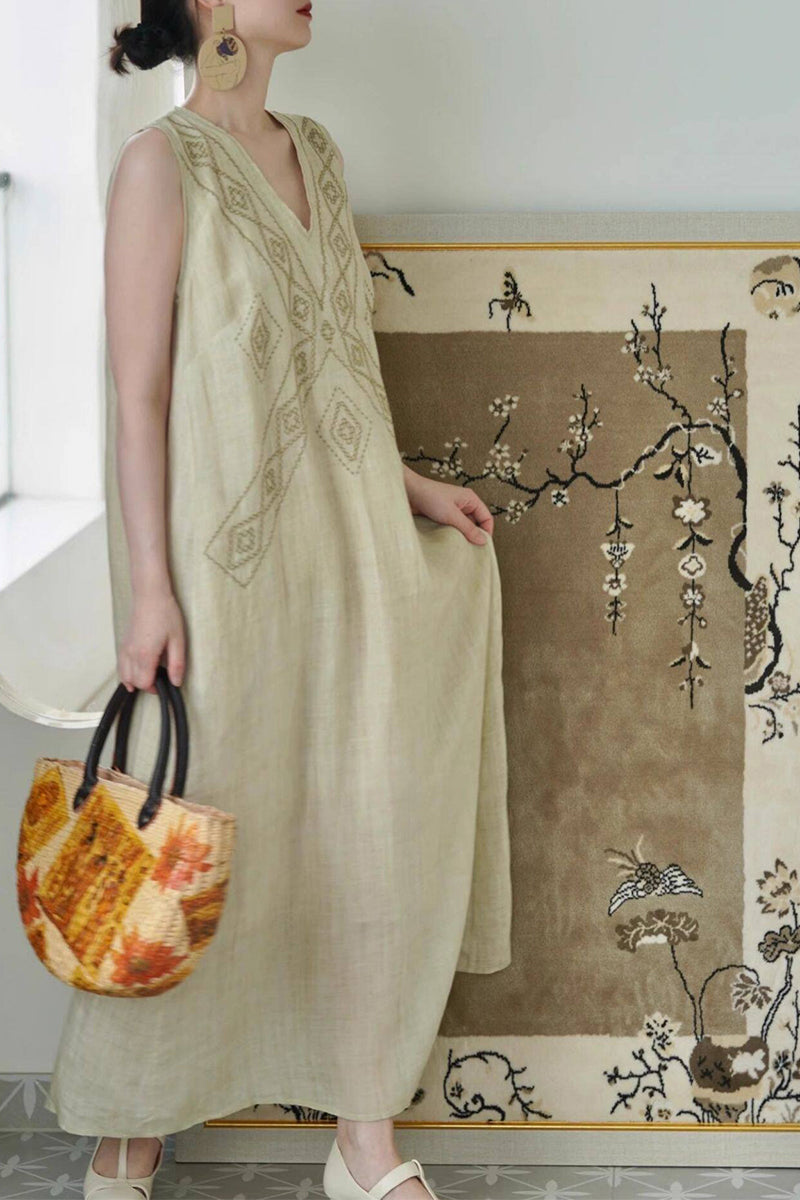 Embroidered Linen-Cotton Sleeveless Boho Maxi Dress