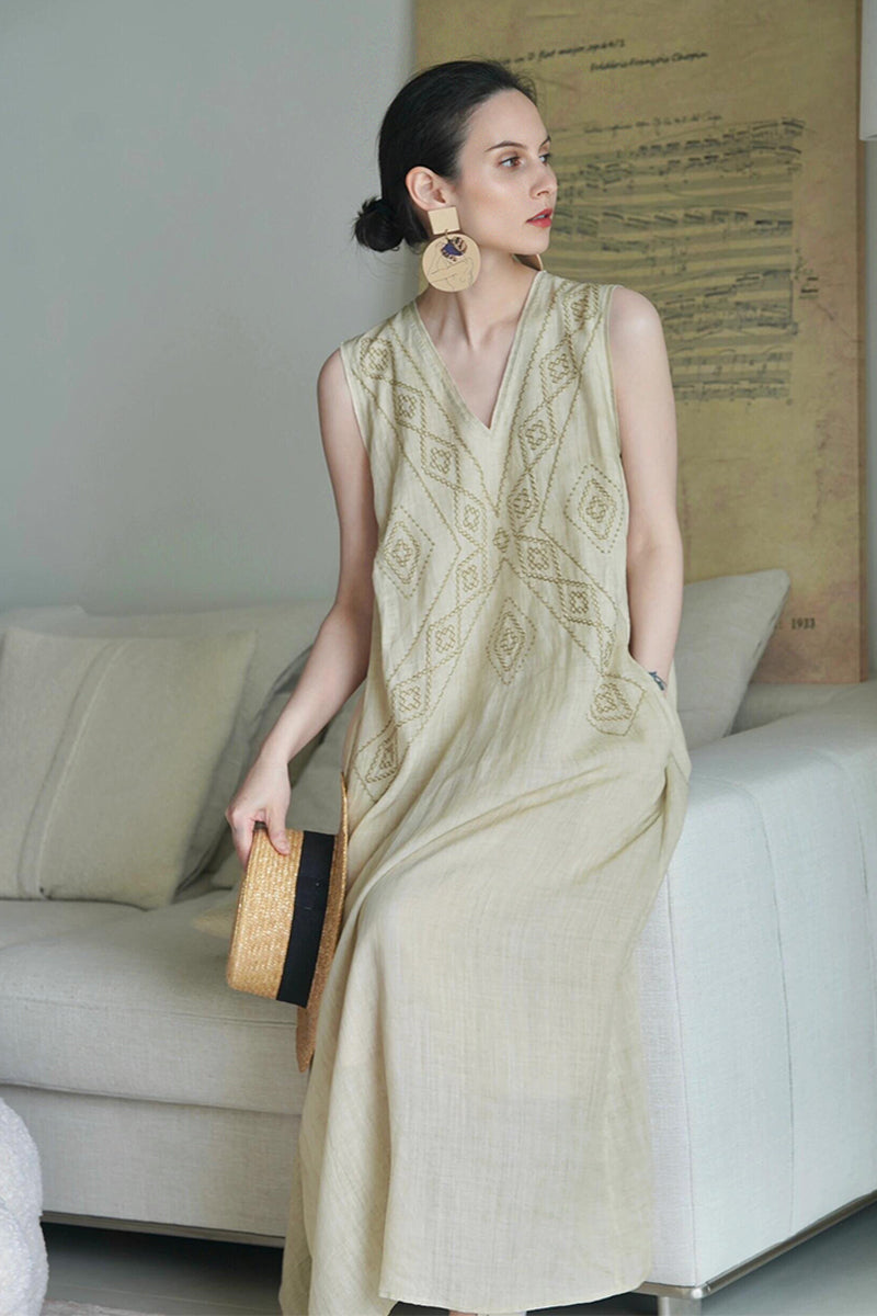 Embroidered Linen-Cotton Sleeveless Boho Maxi Dress