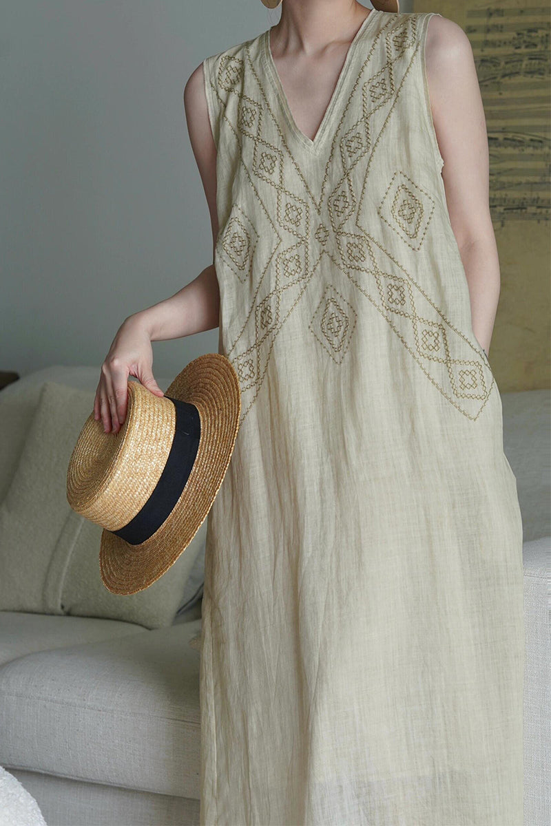 Embroidered Linen-Cotton Sleeveless Boho Maxi Dress