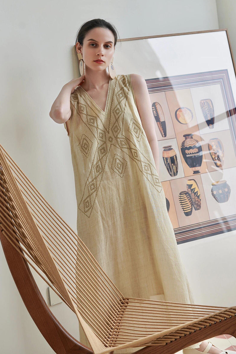 Embroidered Linen-Cotton Sleeveless Boho Maxi Dress