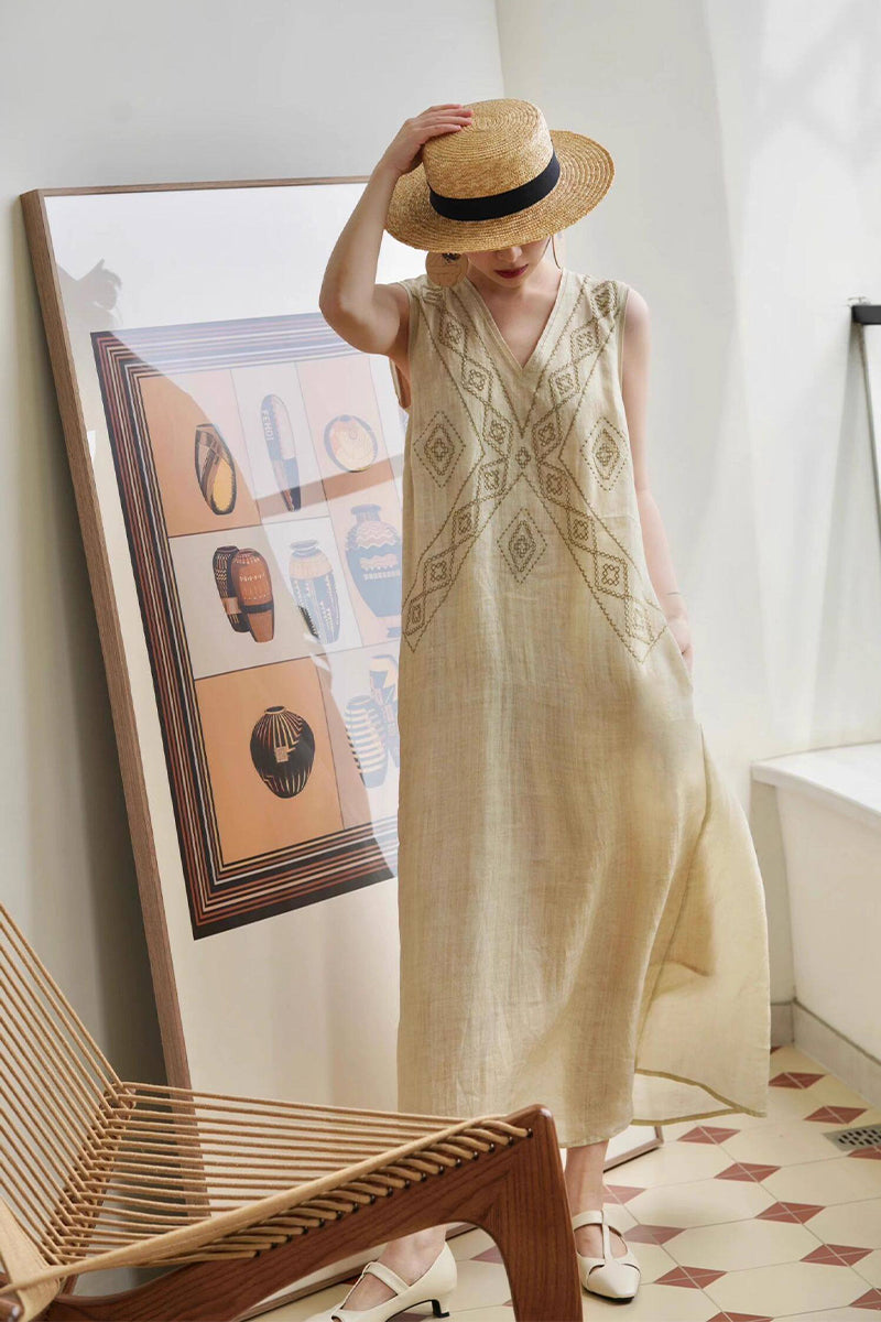 Embroidered Linen-Cotton Sleeveless Boho Maxi Dress