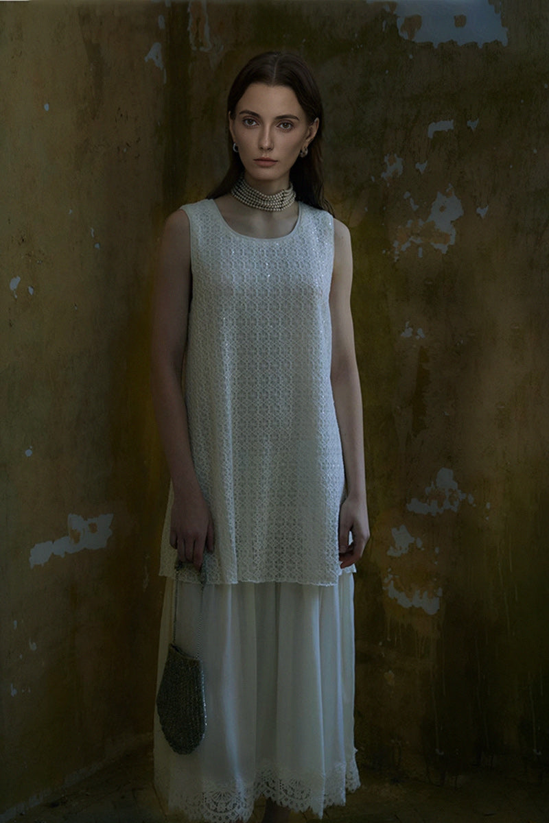 Embroidered Sequin Lace Double-Layer Tank Dress