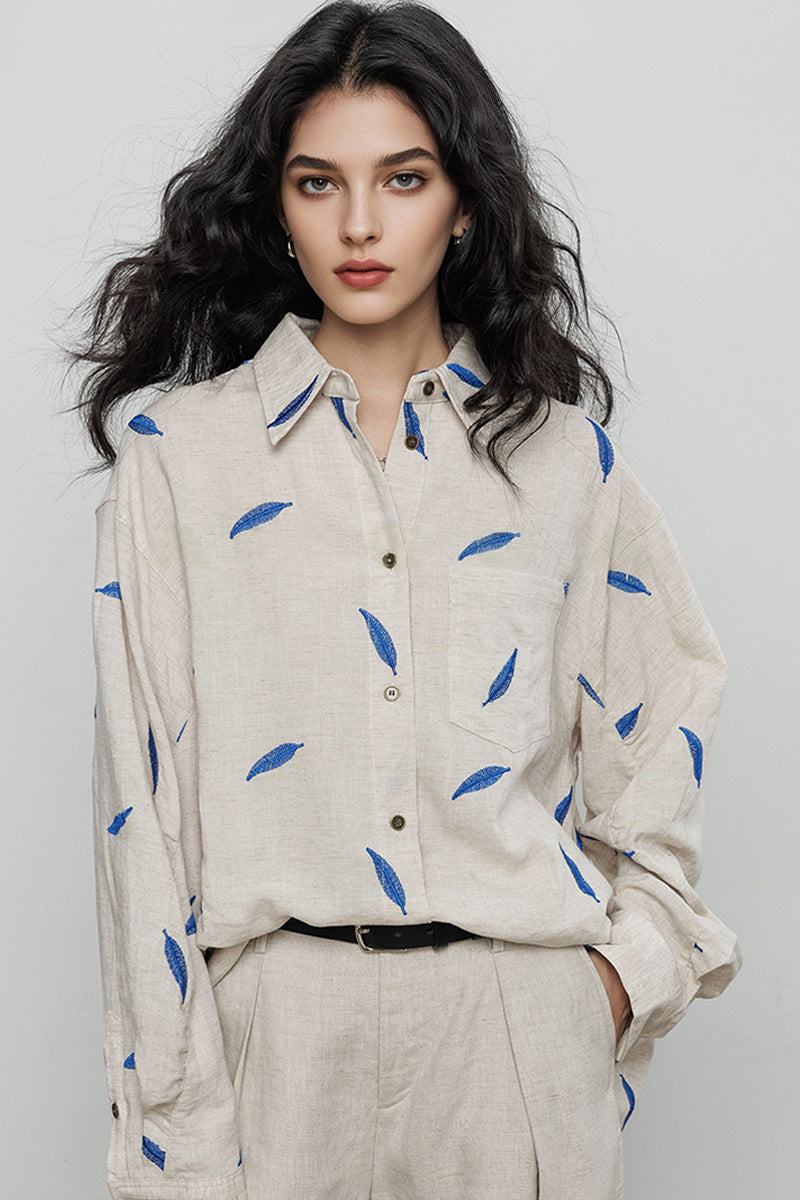 Embroidered Tencel-Ramie Long Sleeve Button-Down Shirt
