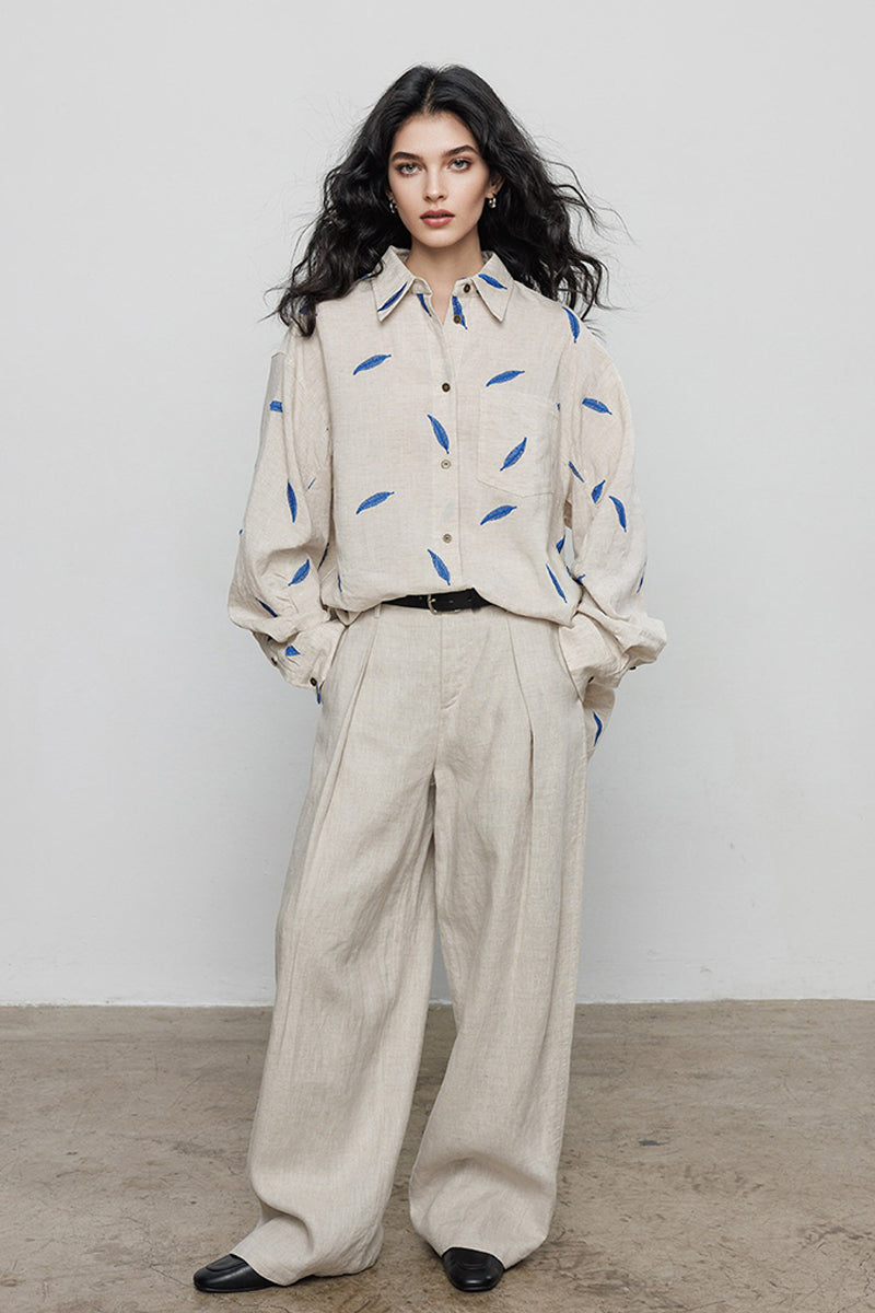 Embroidered Tencel-Ramie Long Sleeve Button-Down Shirt