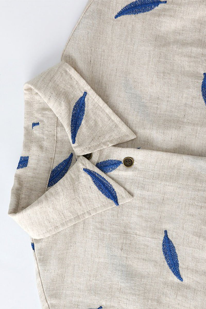 Embroidered Tencel-Ramie Long Sleeve Button-Down Shirt