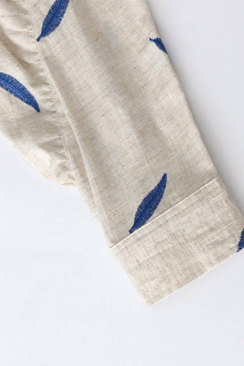 Embroidered Tencel-Ramie Long Sleeve Button-Down Shirt