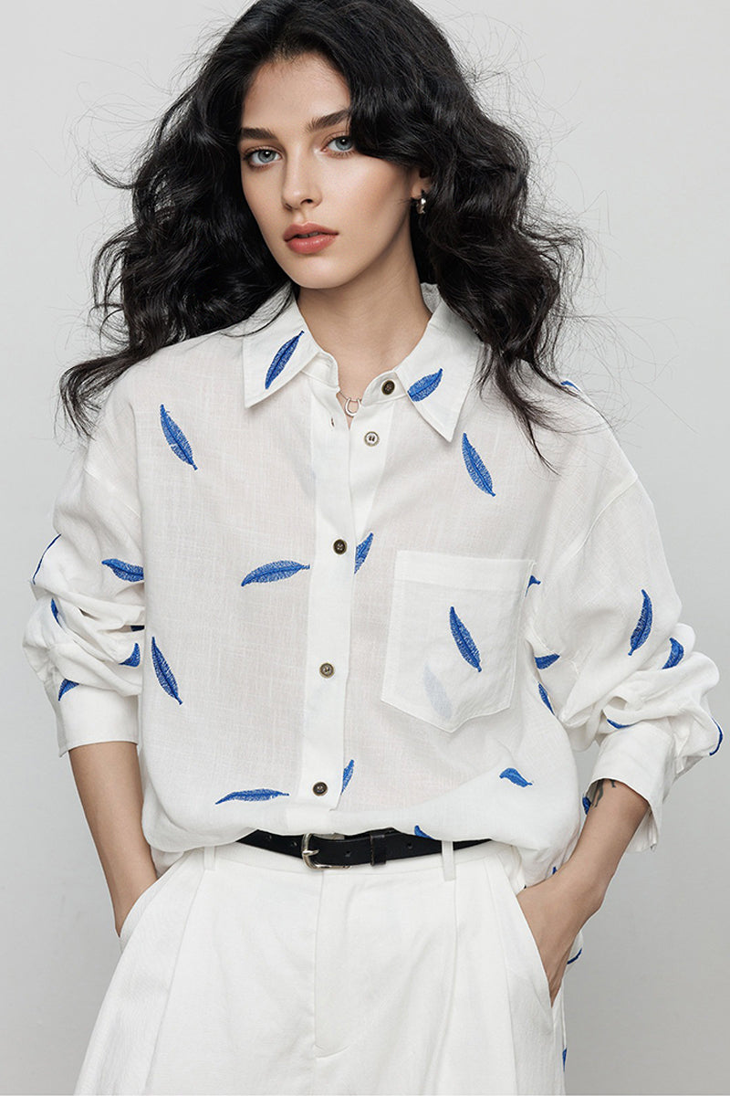 Embroidered Tencel-Ramie Long Sleeve Button-Down Shirt