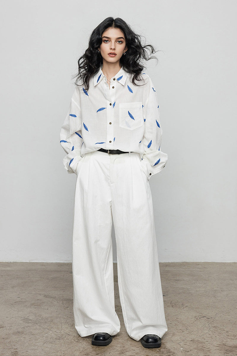 Embroidered Tencel-Ramie Long Sleeve Button-Down Shirt