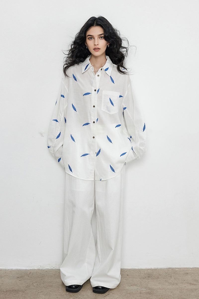 Embroidered Tencel-Ramie Long Sleeve Button-Down Shirt