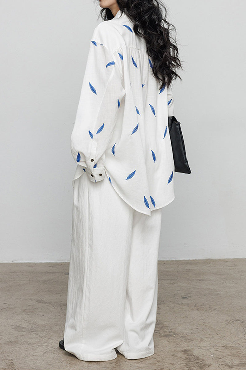 Embroidered Tencel-Ramie Long Sleeve Button-Down Shirt