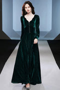 Emerald Green Velvet Long Sleeve V-Neck Maxi Dress