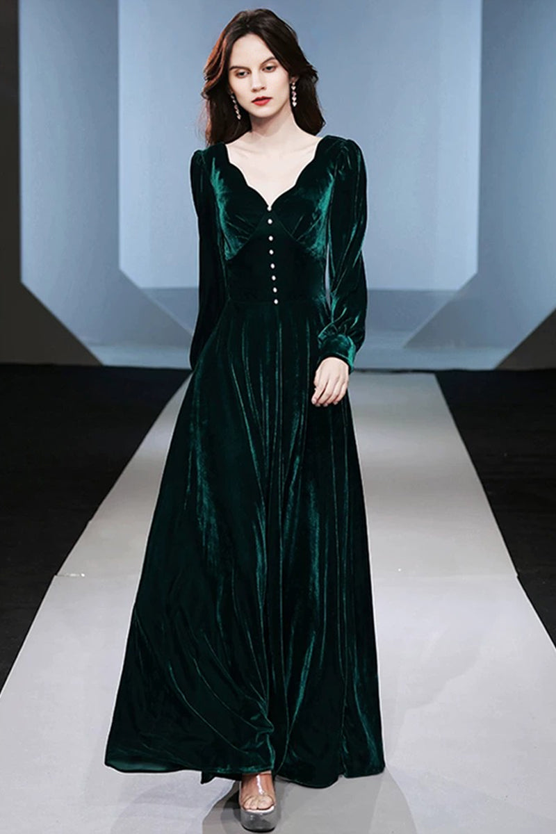 Emerald Green Velvet Long Sleeve V-Neck Maxi Dress