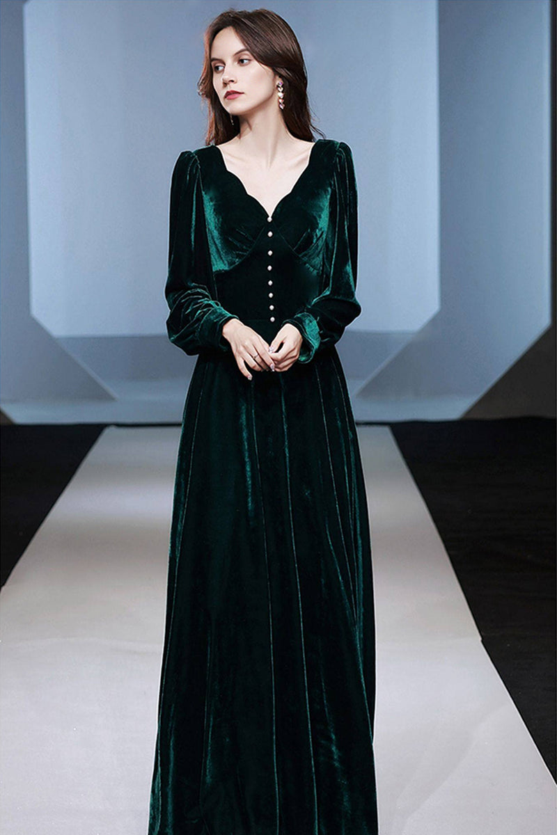 Emerald Green Velvet Long Sleeve V-Neck Maxi Dress