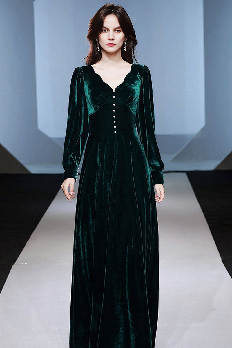 Emerald Green Velvet Long Sleeve V-Neck Maxi Dress