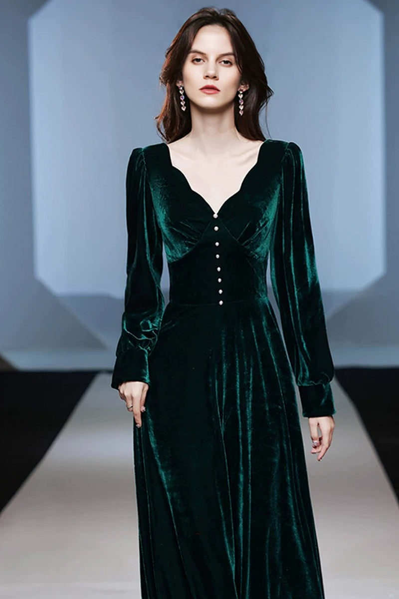 Emerald Green Velvet Long Sleeve V-Neck Maxi Dress