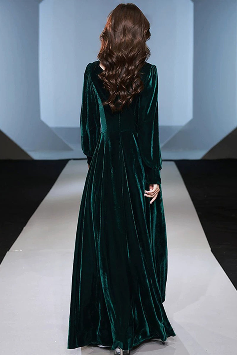 Emerald Green Velvet Long Sleeve V-Neck Maxi Dress