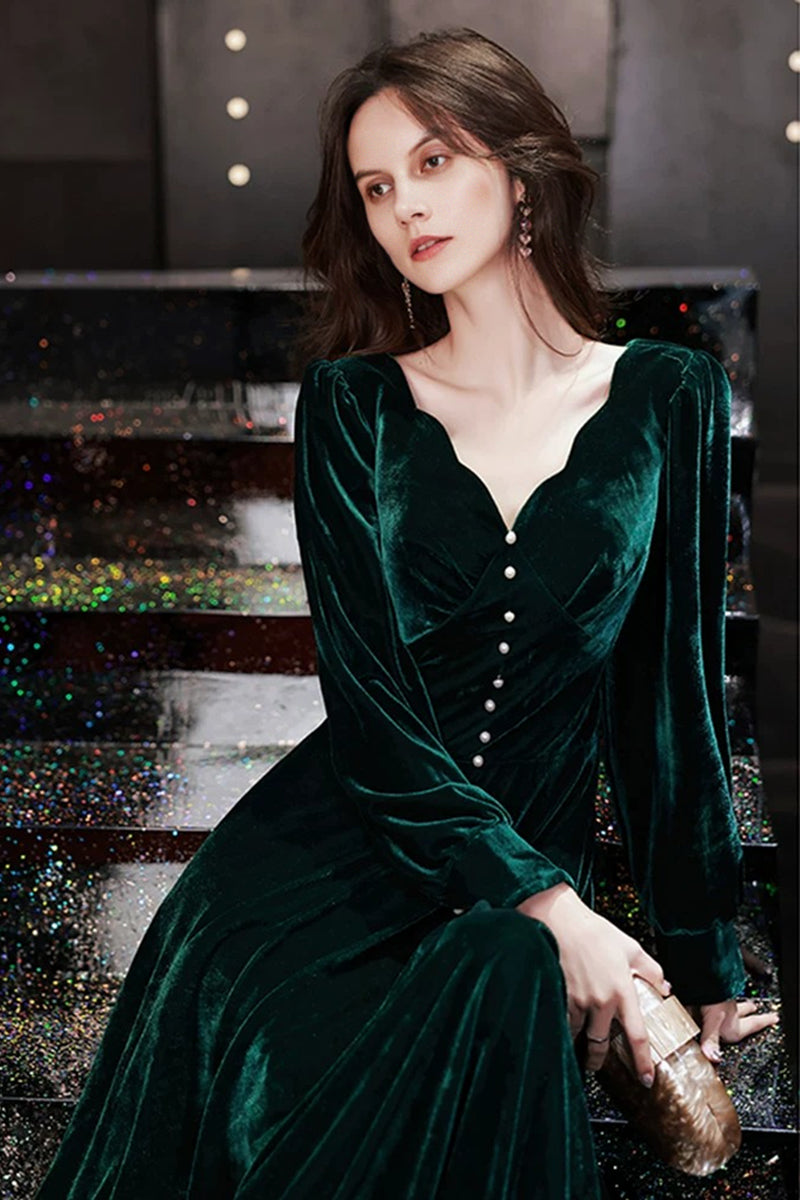 Emerald Green Velvet Long Sleeve V-Neck Maxi Dress