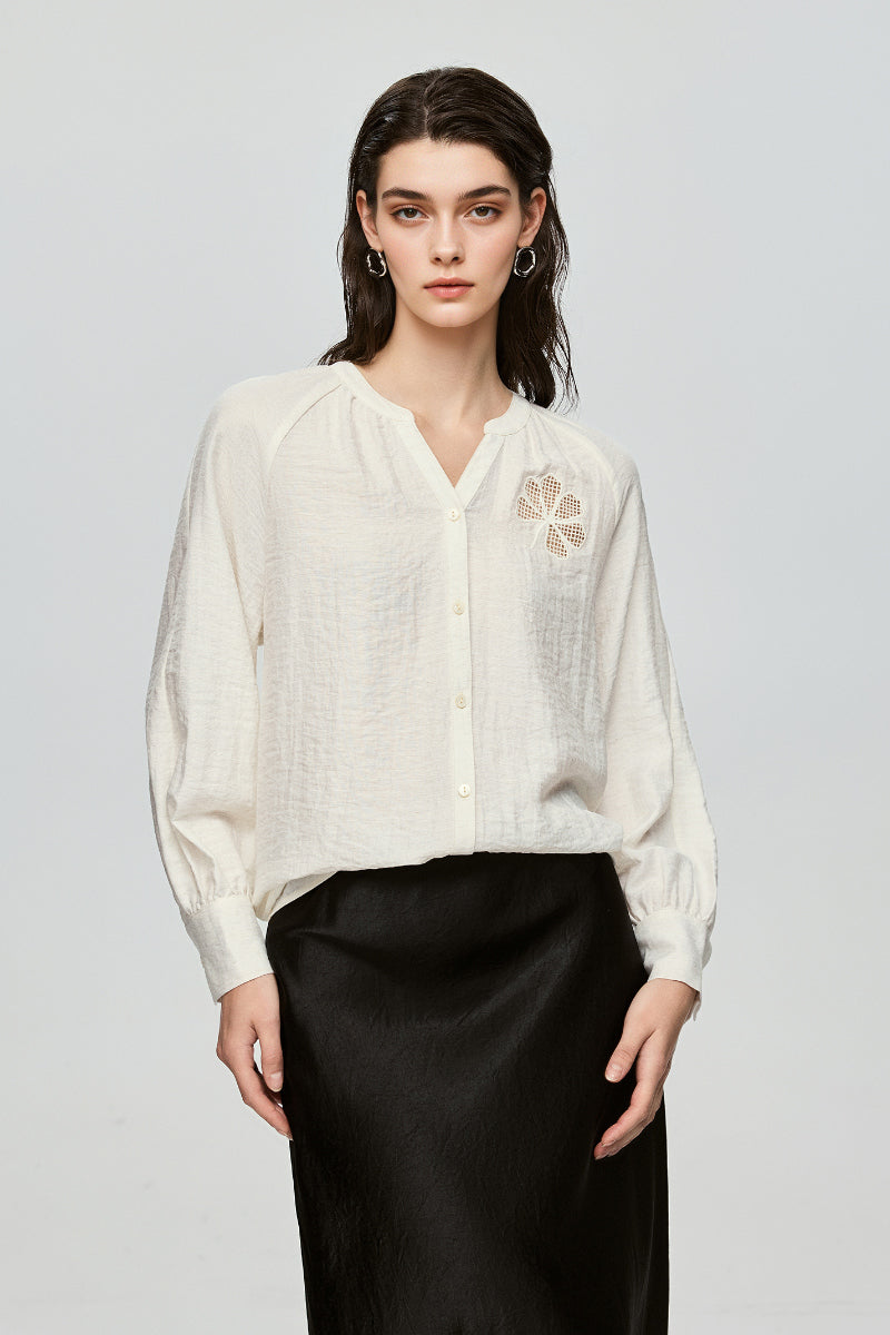 Eyelet Embroidered Linen Blend Button-Up Blouse