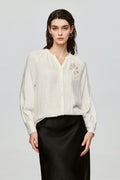 Eyelet Embroidered Linen Blend Button-Up Blouse