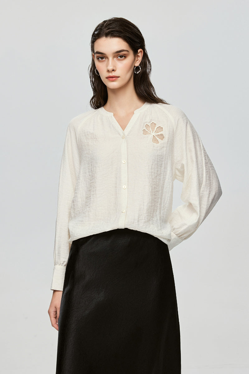 Eyelet Embroidered Linen Blend Button-Up Blouse