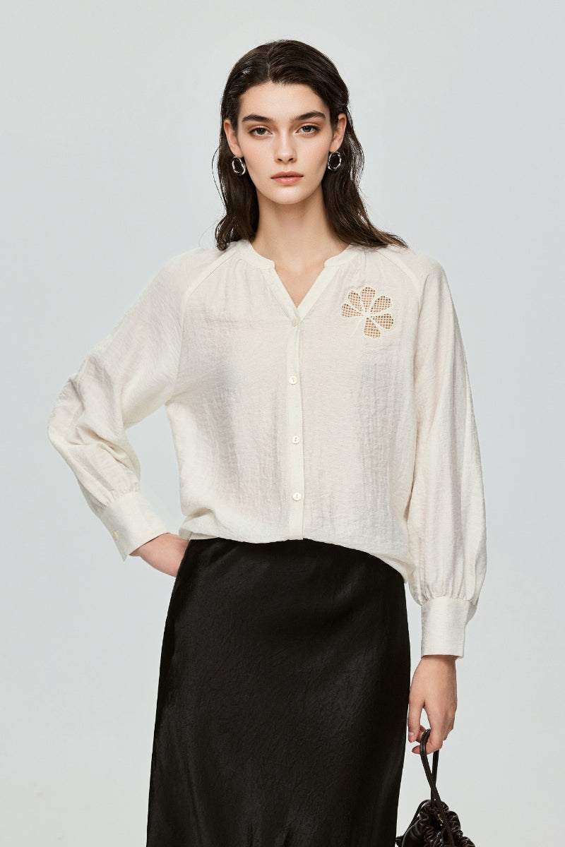 Eyelet Embroidered Linen Blend Button-Up Blouse