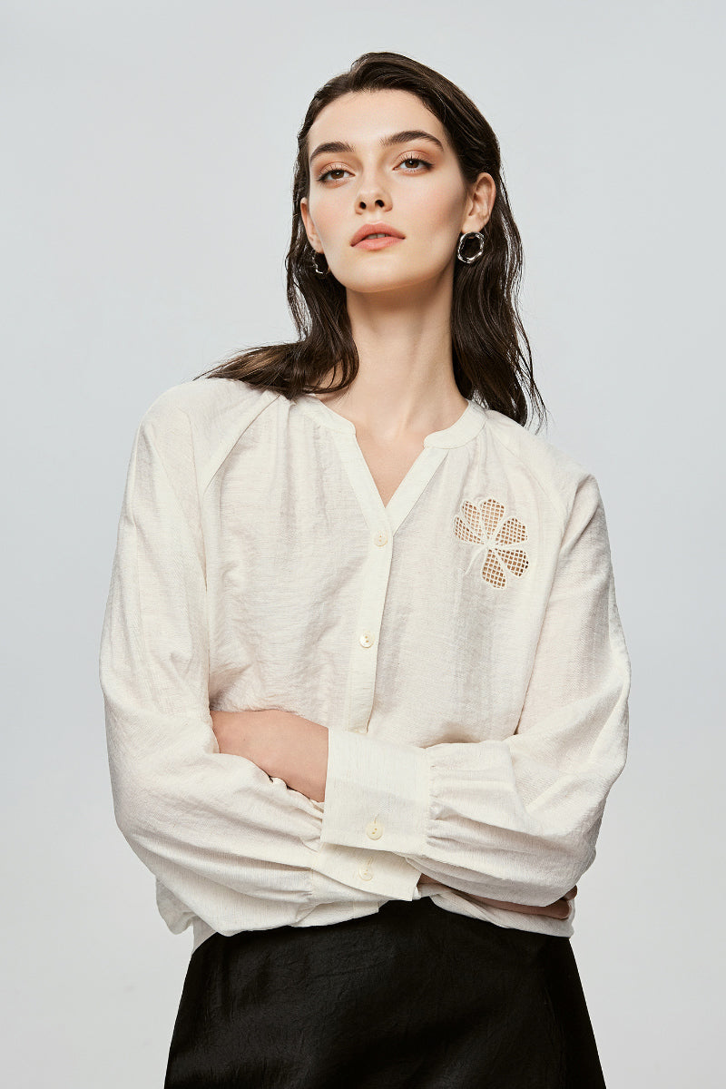 Eyelet Embroidered Linen Blend Button-Up Blouse