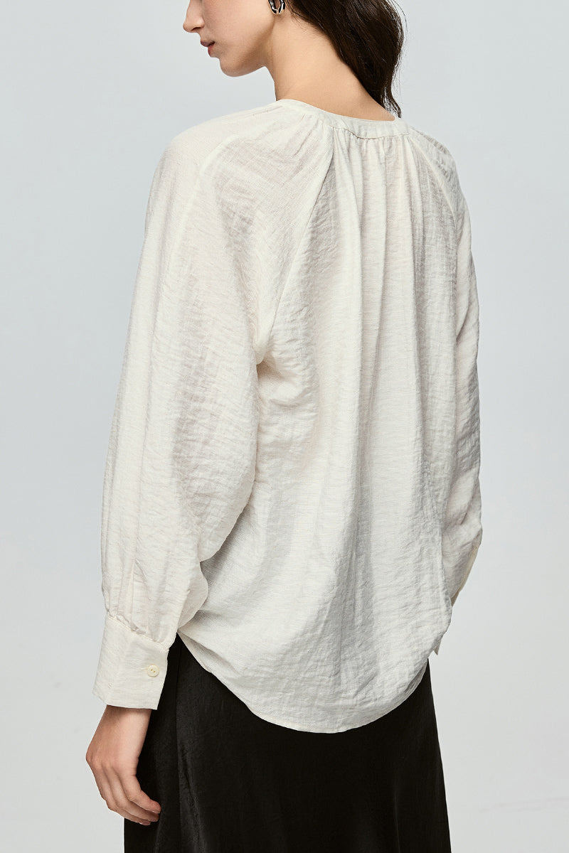 Eyelet Embroidered Linen Blend Button-Up Blouse