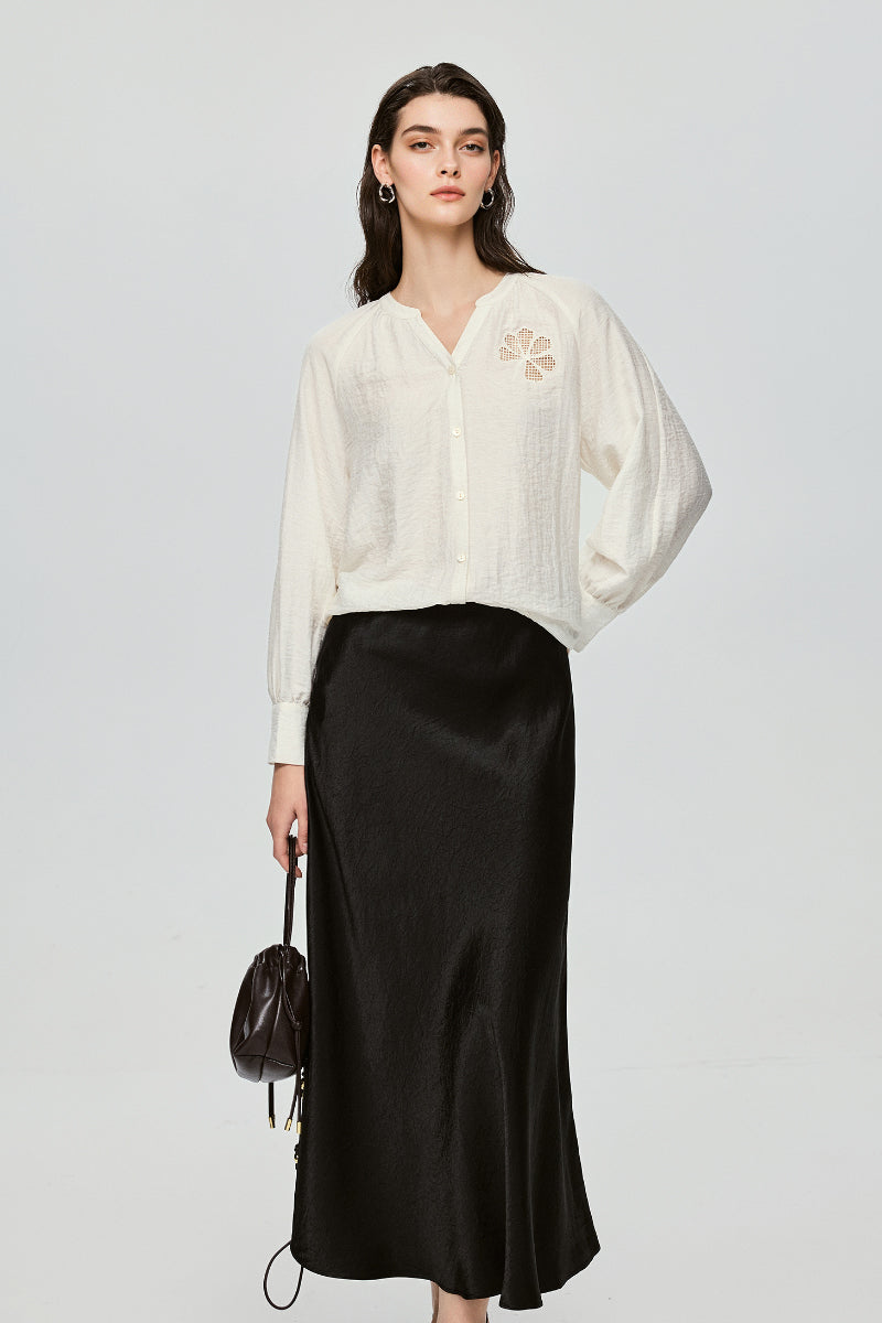 Eyelet Embroidered Linen Blend Button-Up Blouse