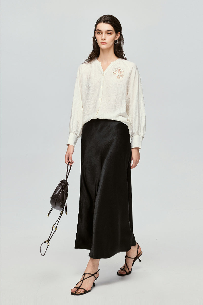 Eyelet Embroidered Linen Blend Button-Up Blouse
