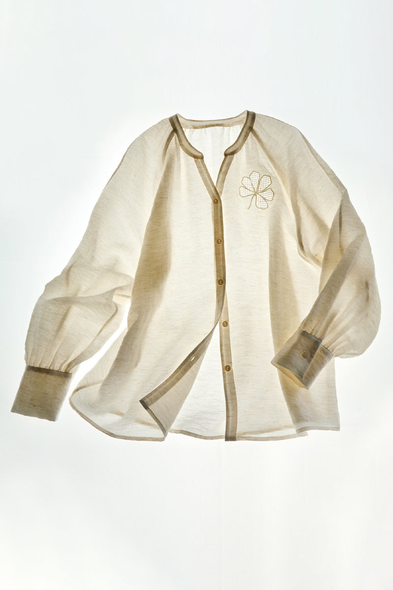 Eyelet Embroidered Linen Blend Button-Up Blouse