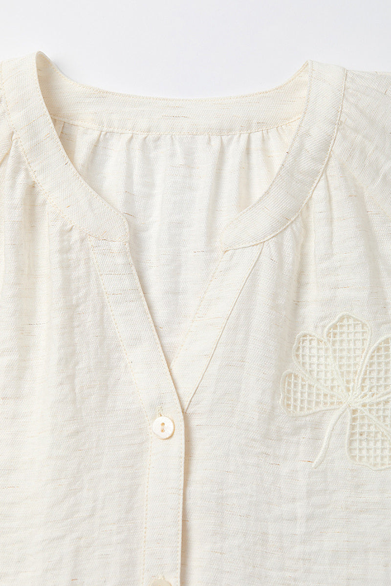 Eyelet Embroidered Linen Blend Button-Up Blouse