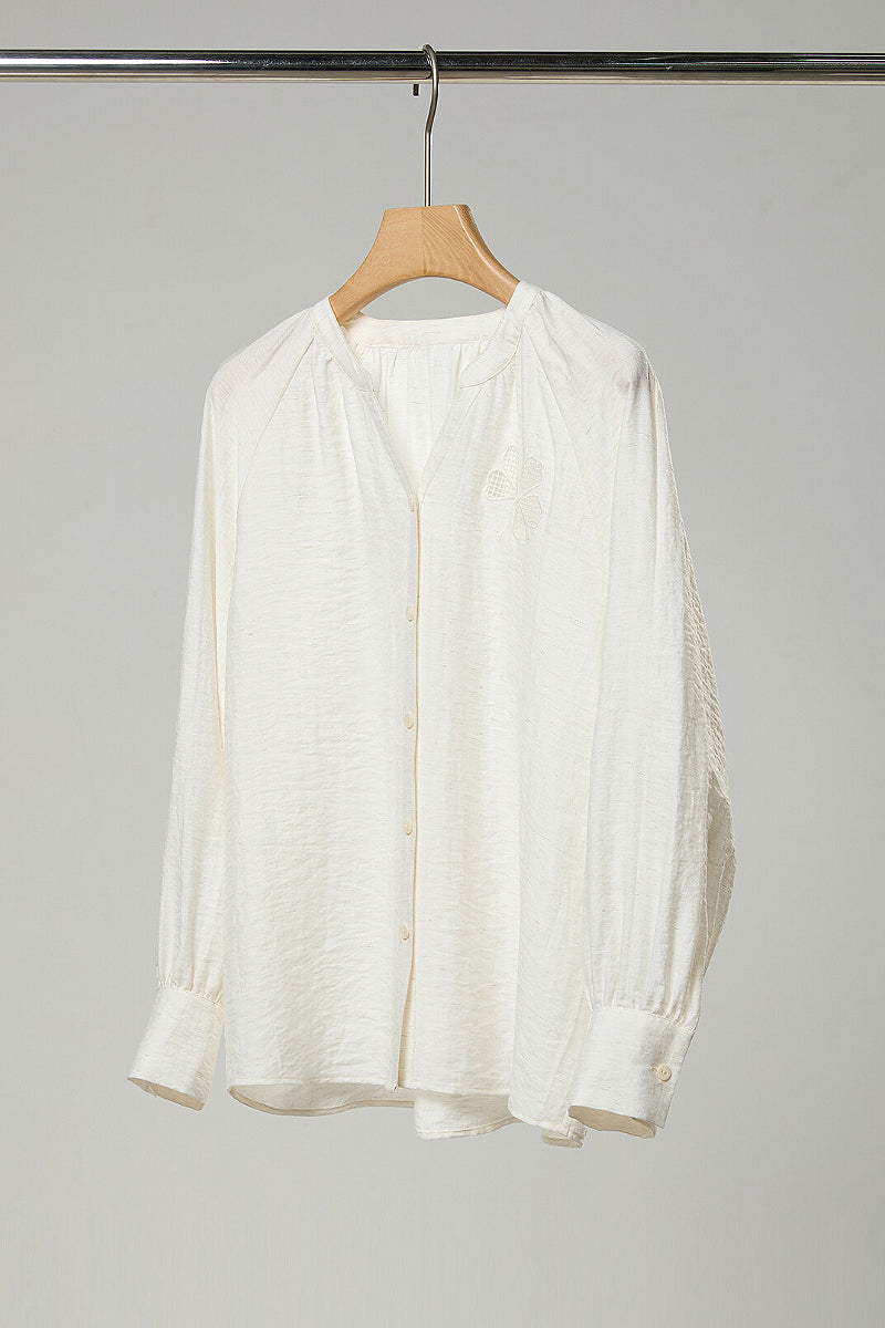 Eyelet Embroidered Linen Blend Button-Up Blouse