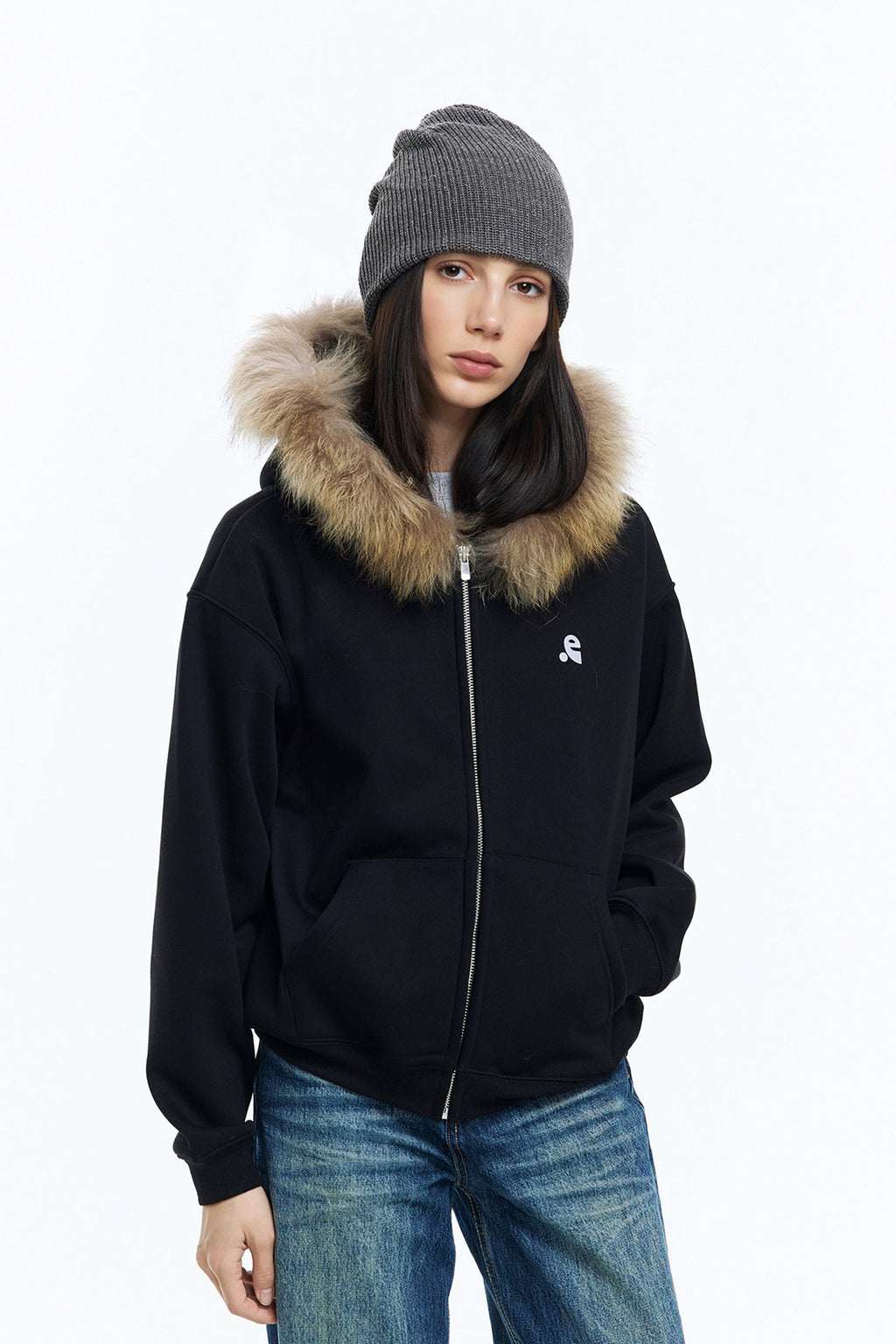 Faux Fur Trim Zip-Up Fleece-Lined Hoodie Sweatshirt