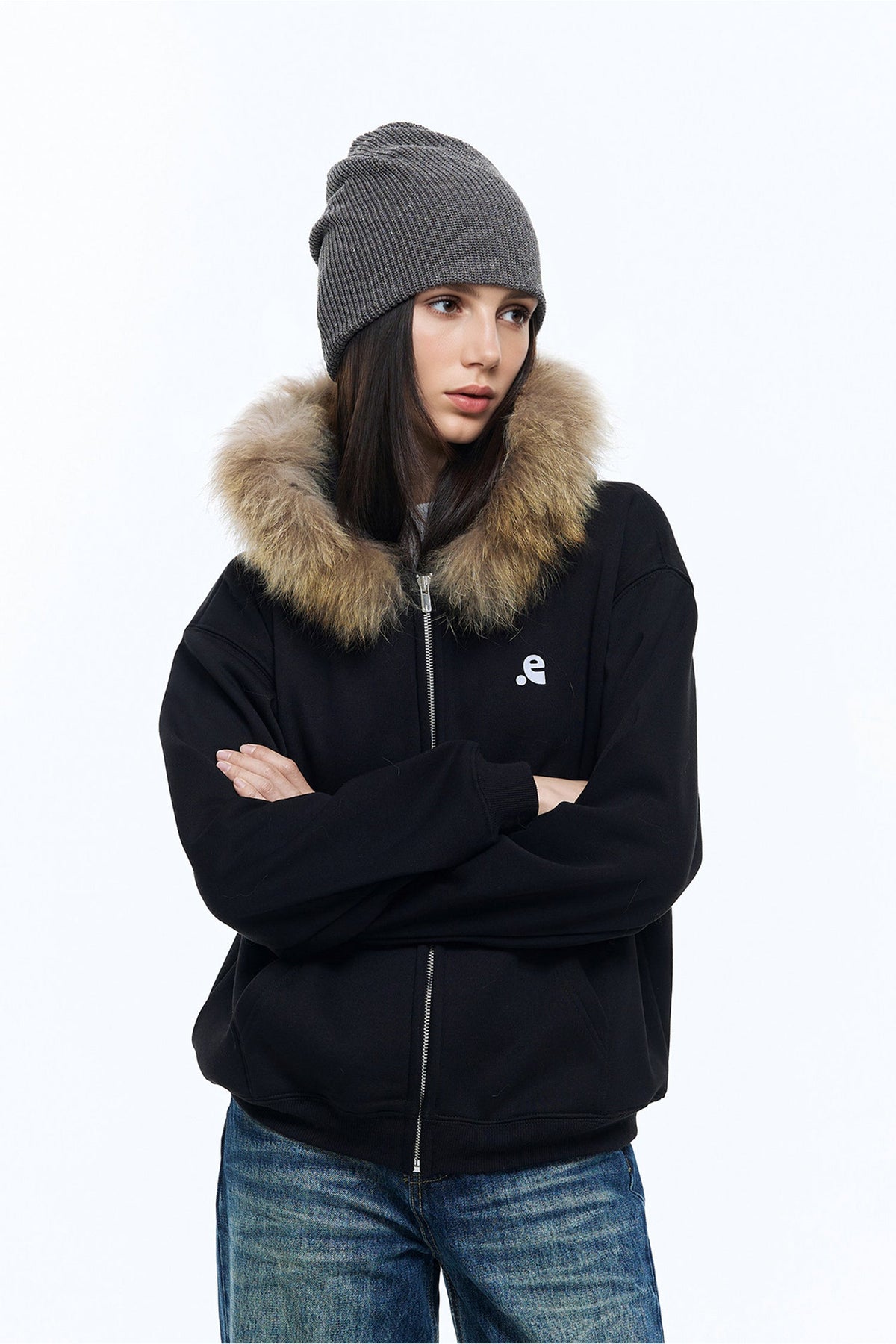 Faux Fur Trim Zip-Up Fleece-Lined Hoodie Sweatshirt