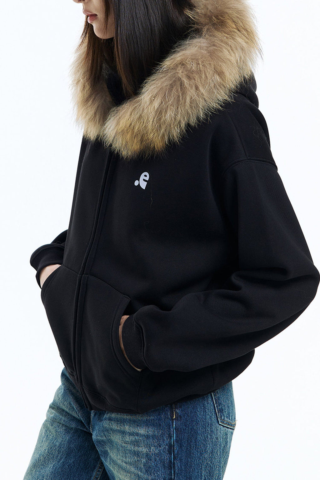 Faux Fur Trim Zip-Up Fleece-Lined Hoodie Sweatshirt