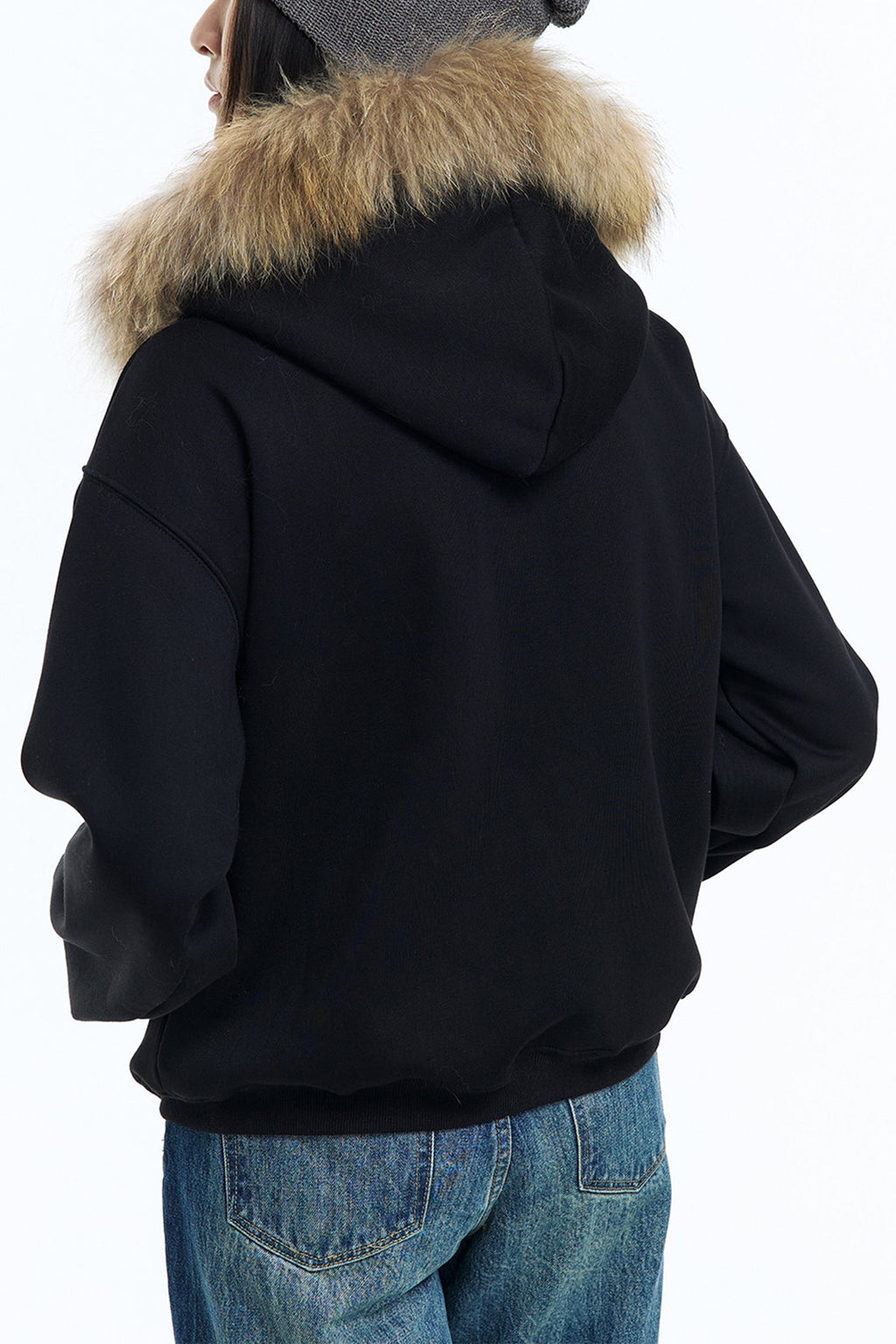 Faux Fur Trim Zip-Up Fleece-Lined Hoodie Sweatshirt